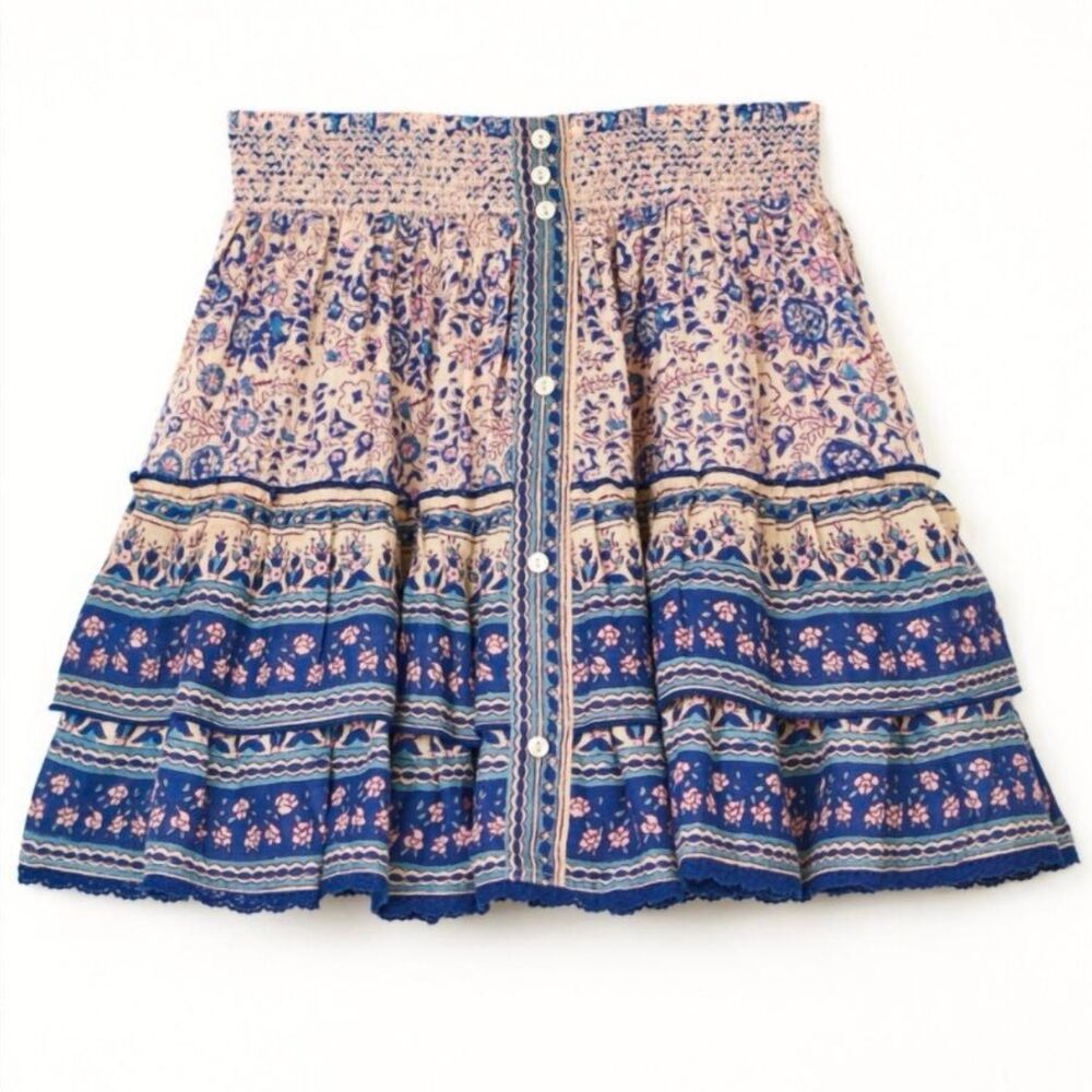M.A.B.E. NWT Cass Print Mini Tiered Skirt Multi 100% Cotton Boho Chic Gypsy sz L